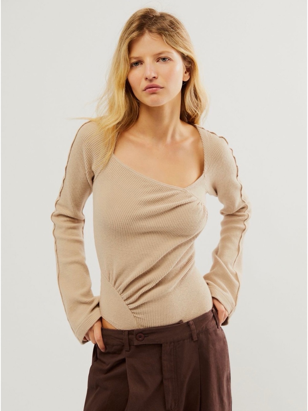 Free People *PINK* On A Cloud Asymmetric Ribbed Long Sleeve Top